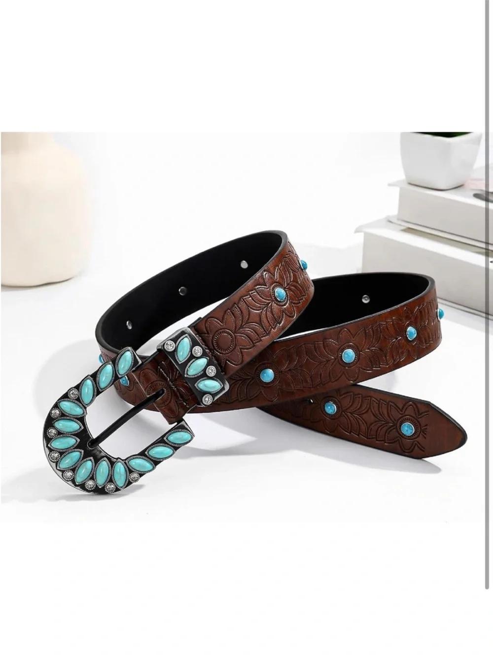 Brown Leather Western Belt with Turquoise Accents